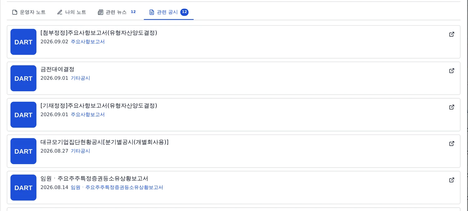 종목 상세 창의 관련 공시 탭. 공시 목록